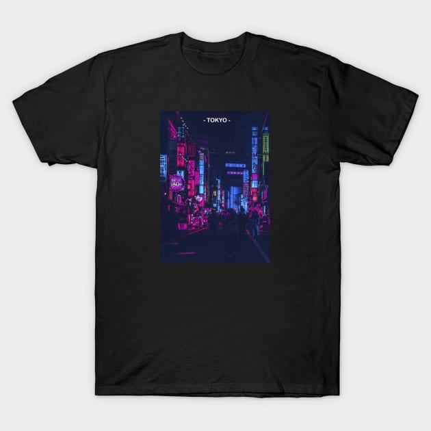 Tokyo Street Neon Synthwave T-Shirt by JeffDesign